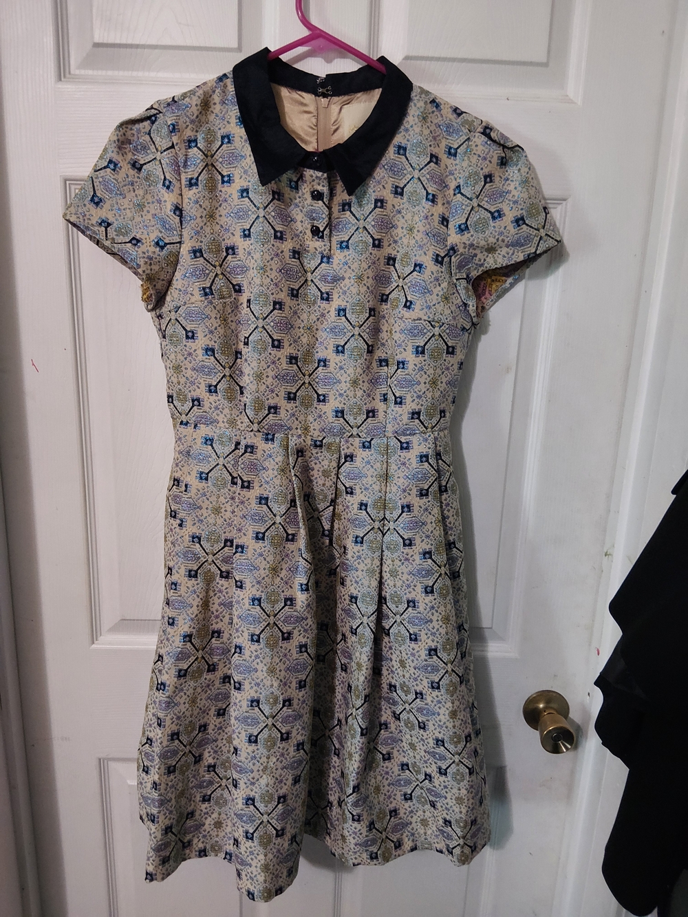 Modcloth Cream and Navy Geometric Collar Dress